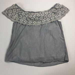 Blue Sky Off Shoulder Embroidered Eyelet‎ Striped Top Size L